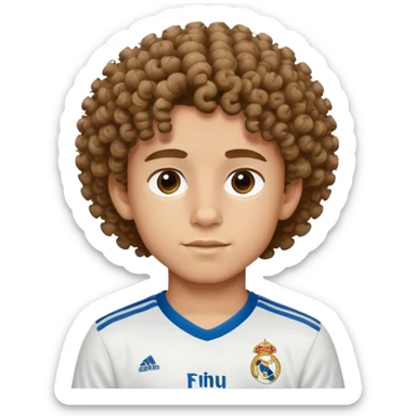 Niño con pelo rizado con una camisa del real madrid sticker