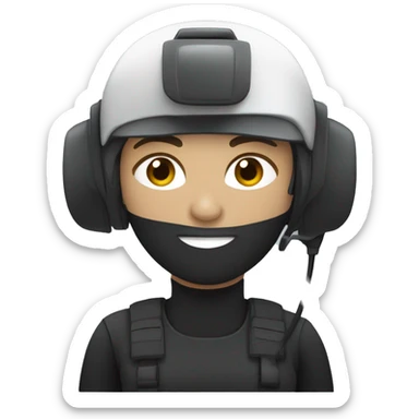 operator dressed in black with a milatary helmet, without glasses, wearing a headset, ready to respond to alerts, preferably female white sticker