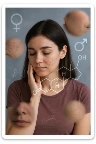 A young woman is surrounded by faint overlays of hormonal symbols and androgen molecules, with shadowy images of acne, facial hair, and oily skin projected around her, symbolizing the symptoms of PCOS with androgen excess. She looks down, gently touching her face with a resigned but hopeful expression, symbolizing her journey toward managing these symptoms. in italiano sticker