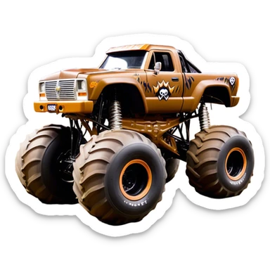 Monster Mutt - Monster Jam (Model Year: 2021) (Iconic colour: Brown with dog features) - A unique monster truck with playful, dog-inspired design cues. The vehicle is painted in warm brown tones and features subtle dog motifs (such as a stylized snout or ear shapes). It should blend the rugged power of a monster truck with quirky, endearing canine features. sticker