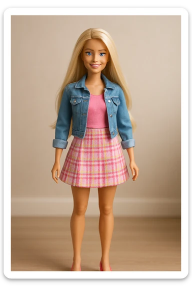 full body blonde-haired Barbie doll, stylish and cheerful, modern fashion, soft lighting sticker