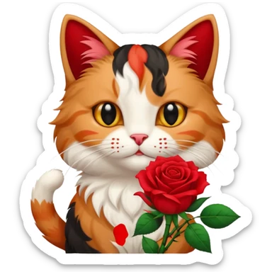 tricolor cat holding a rose sticker