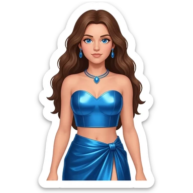 Hera from Greek Mythology with blue eyes, long brown hair, blue metallic sweetheart crop top, blue metallic wrap long skirt, blue necklace and earrings sticker