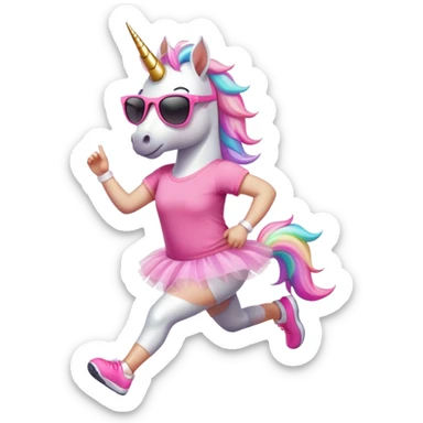 friendly anthropomorphised female unicorn in tutu and pink t-shirt, wearing dark sunglasses, jogging upright in standard pose sticker