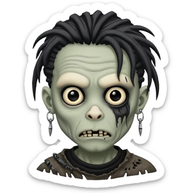 Grey pale skinned zombie boy with wrinkled skin and black dreadlocks. Nose and ear piercings. Emo. sticker