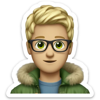 blonde medium length haired boy with green eyes , glasses , blue jean jacket with fur lining sticker