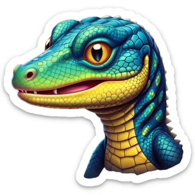 Cinematic Comical Monitor Lizard Portrait Emoji, Head tilted dramatically with an exaggeratedly shocked expression, featuring a robust, patterned body with wide, comically expressive eyes full of humorous disbelief, Simplified yet hilariously expressive features, highly detailed, glowing with a slightly sassy glow, high shine, dramatic yet playful, stylized with an air of quirky reptilian attitude, soft glowing outline, capturing the essence of a meme-worthy monitor lizard that looks ready to side-eye its way into viral fame! sticker