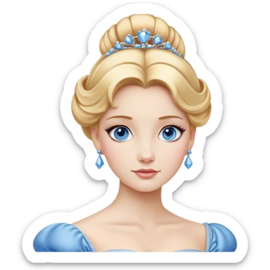 Cinematic Realistic Noble Cinderella Portrait, depicted with porcelain skin rendered in lifelike detail and soft, natural lighting that highlights every delicate nuance. Her intricately styled golden-blonde hair is arranged in an elegant updo, and her deep, expressive blue eyes radiate quiet determination. She wears her classic ball gown with rich fabric textures and delicate folds catching the light beautifully, all set against a subtly glowing, natural background that captures the essence of timeless royal grace. sticker