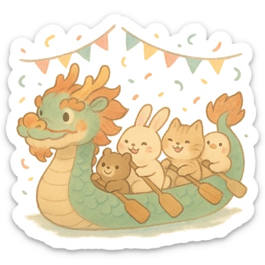 chubby dragon boat with cute animal rowers paddling joyfully, pastel tones, festive background, soft Ghibli style sticker