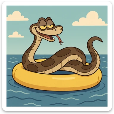 Kaa the snake from The Jungle Book floating on an inflatable pool float in the ocean, cartoon style sticker