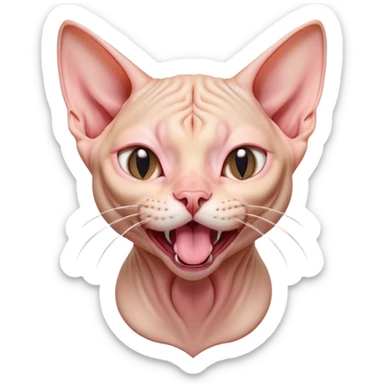 Cinematic Cute Yawning Sphynx Cat Portrait Emoji, Head tilted slightly with a dramatic, wide-open yawn, delicate, hairless skin in soft peach and pink tones, long, elegant limbs stretching lazily, piercing almond-shaped eyes that are barely open, Simplified yet irresistibly adorable features, highly detailed, glowing with a soft, cozy glow, high shine, relaxed yet expressive, stylized with a touch of whimsy, bright and endearing, soft glowing outline, capturing the essence of a sleepy yet affectionate kitty, so drowsy it feels like it could stretch right out of the screen and curl up for a nap! sticker