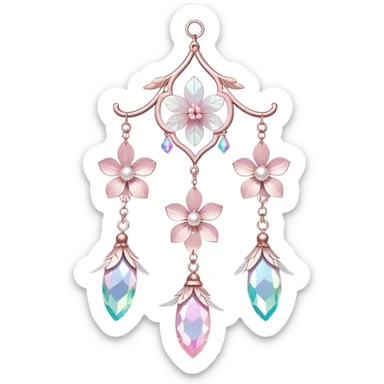 Hanging Iridescent pastel pink sakura crystals white-pearly suncatcher with bells and feathers sticker