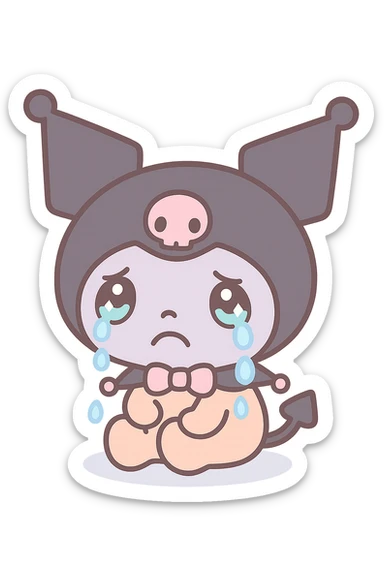Kuromi crying, kawaii style, transparent background, sitting on the floor sticker
