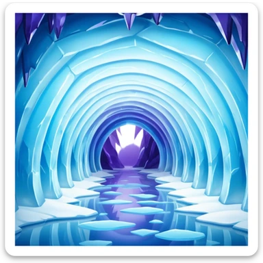 A breathtaking ice cave glowing with blue light, featuring smooth, curved walls made entirely of translucent ice. The interior reflects shimmering shades of blue and purple, with natural light filtering through the frozen surface. Realistic detail, cinematic lighting. sticker