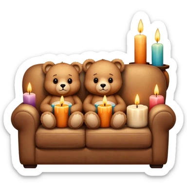 Two cozy teddy bears watching tv on couch with candles next to them sticker