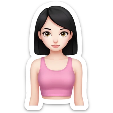 Cute girl with black hair straight with pale skin and with pink crop top coquette sticker