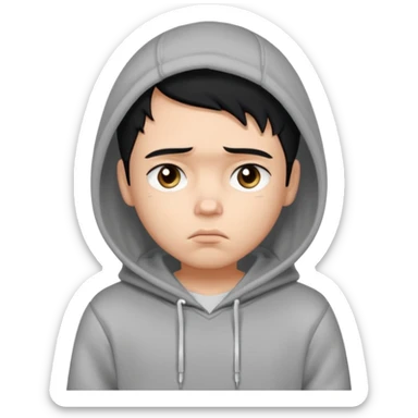 a pretty bratz boy with black hair and a grey hoodie looking sad sticker