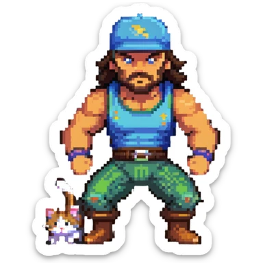 Razor Ramon from Sega WWF Mania video game defeating a cat wearing a cap, 16-bit style sticker
