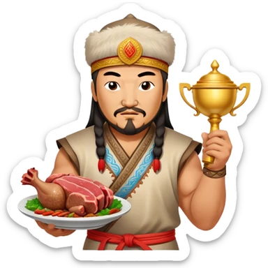 genghis khan holds a trophy on his left hand and holds cooked meat on a dish on his right hand. sticker