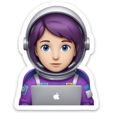 astronaut with purple suit, blue eyes, brown hair and one macbook sticker