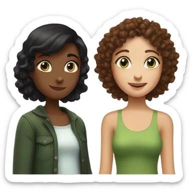 two hugging friends. one has black straight hair, the other has brown and curly hair, green eyes. Their names are Alisa and Alina sticker