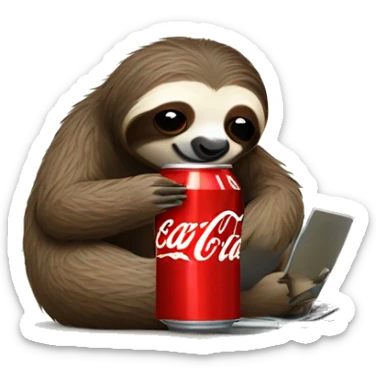 tired sloth with coca cola can and laptop sticker