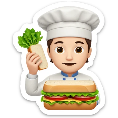 A 3D cartoon chef assembling a fresh sandwich with lettuce and meat, clean kitchen background, Memoji-style. sticker