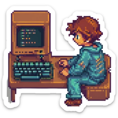 programmer, pixel art style, 8-bit, retro computer, coding on screen sticker