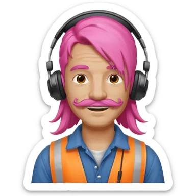 construction worker with long pink hair and headphones and mustache sticker