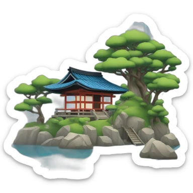 A lakeside island with a shinto shrine and small Japanese house with a blue tiled roof sticker