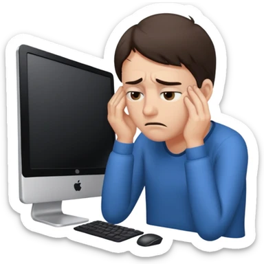 person stressed in front of computer sticker