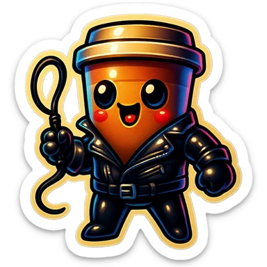 Tall coffee cup, dressed in leather holding a whip sticker