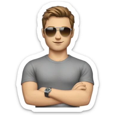 young white male with brown hair and brown eyes, wearing grey T-shirt, having pilot sunglasses, while having crossed arms and having silver rolex on whrist sticker