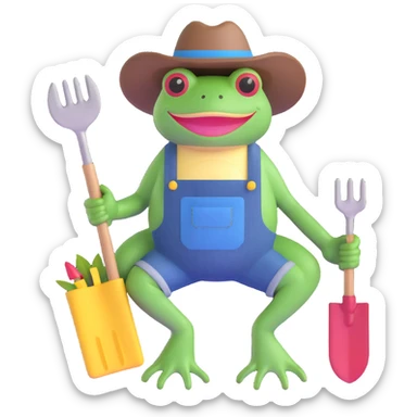 frog with cowboy hat, denim overalls, and gardening tools sticker