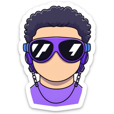 shirtless male athlete with white skin and moderately curly black hair on top with shaved sides, wearing ski goggles with purple frames/outline and very dark heavily tinted black lenses that completely hide the eyes, and a simple plain black chain necklace, no earrings sticker
