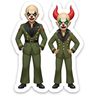 evil clown, bald, small black satan horns on forehead, fangs, pointed ears, eye patch over one eye, black and military green leisure suit with bellbottom pants, realistically proportioned, less bulky, full body, battle-ready fighting posture sticker