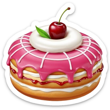 Round donut with smooth pink icing and thin white drizzle lines, golden-brown dough visible on the sides.
White whipped cream dollop in the center topped with a glossy red cherry and stem, clean studio lighting, pure white background, realistic minimal emoji-style. sticker