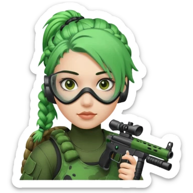 paintball player face girl braided green hair sticker