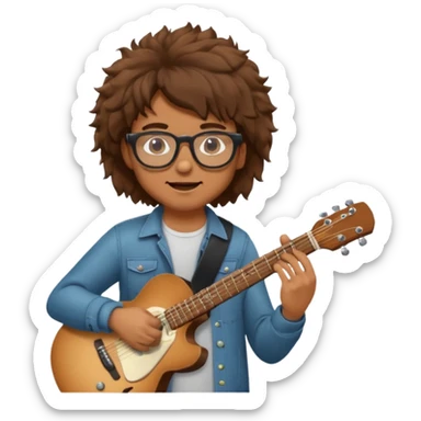 Guy with brown fluffy hair playing guitar with glasses sticker
