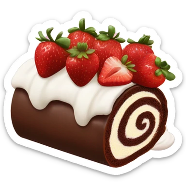 Chocolate Swiss roll birthday cake with sliced strawberries and popped cream swirls on top  sticker