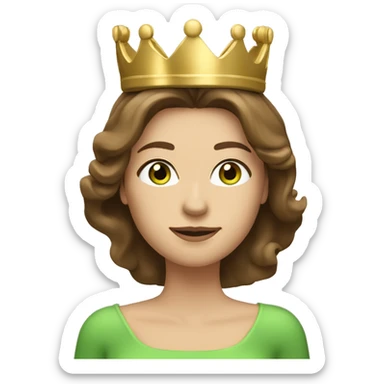 pretty 40 year old woman with grass green eyes and shoulder length straight brown hair gold princess crown sticker