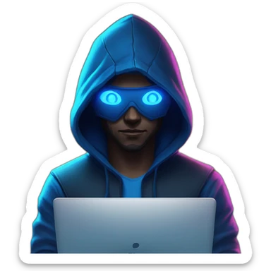 developer behind his laptop with this style : Riot Games Valorant neon blue eyes glowing bright blue character blue black hooded assassin themed character sticker