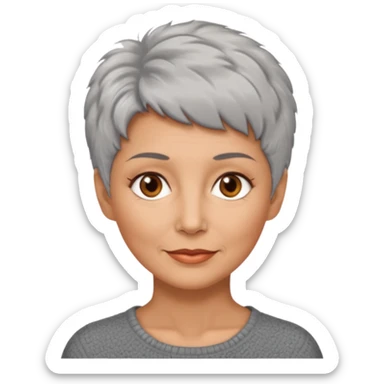 woman 50 years old, very short grey fluffy hair, tannes skin and brown eyes sticker
