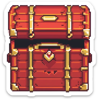 A red RPG treasure chest with gold trim, 16-bit style sticker