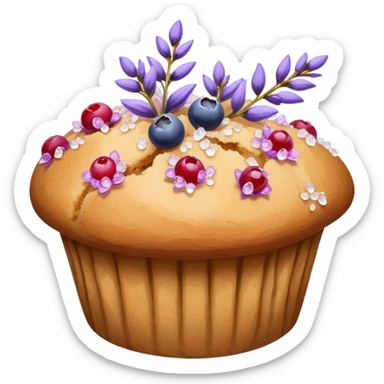 Lavender flower sprigs on a muffin with berries and sugar crystals without frosting  sticker