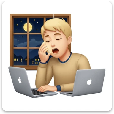tired student with laptop, yawning, window at night behind sticker