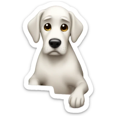 Sad dog in a dog house looking at a laptop sticker