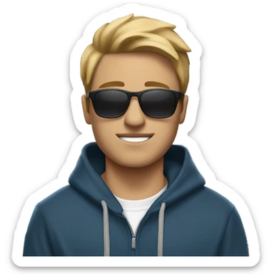 An university student in a blue hoodie with the hood down, black joggers with white sneakers carrying a closed laptop in one of his hand on the side of his body sideways and he is wearing thin sunglasses with black lens.  sticker