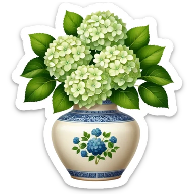 White and green Hydrangeas in vintage ceramic vase sticker