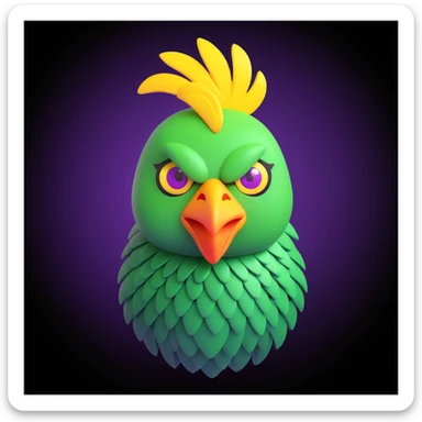 3D cartoon emoji of a chicken-alien hybrid with a geometric green head, off-center chicken comb, three luminous yellow eyes, metallic beak, jagged purple scales for feathers, toxic green background, sharp lines, strong contrast sticker